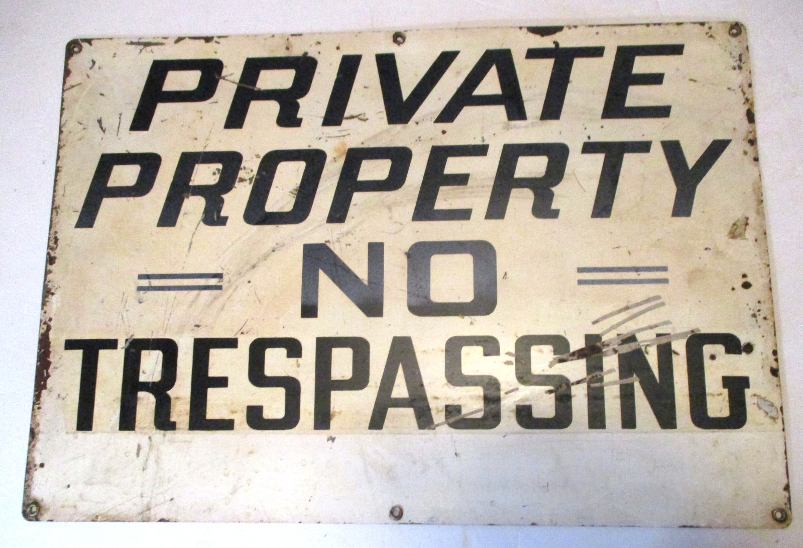 VINTAGE PRIVATE PROPERTY NO TRESPASSING 20 in STEEL SIGN OLD SCHOOL BRASS RIVETS